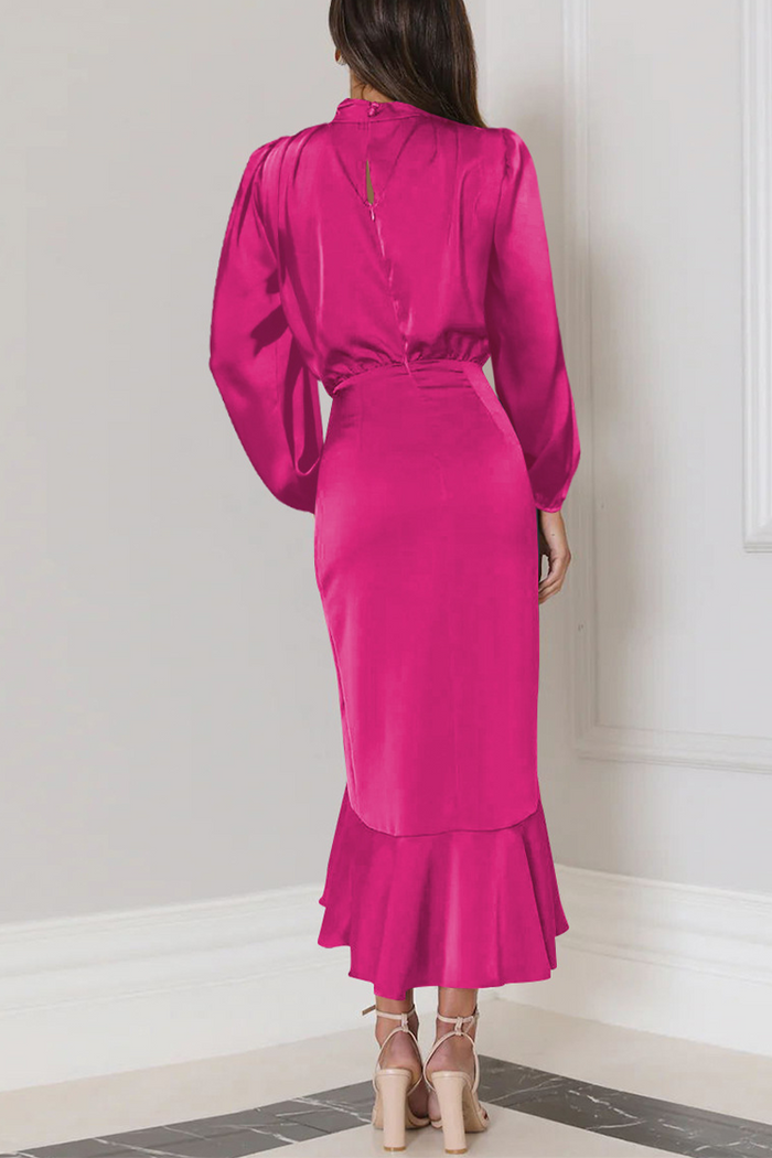 Elegant Solid Flounce Fold Turtleneck Evening Dress