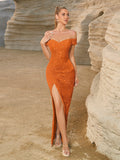Evening Dress Elegant Sequined Off Shoulder Split Tube Top Dress