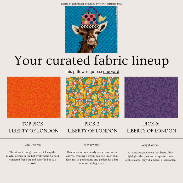 A fabric selection graphic titled 'Your curated fabric lineup' showing three Liberty of London fabric swatches: a solid orange swatch labeled 'Top Pick,' a multicolor floral patterned swatch labeled 'Pick 2,' and a purple patterned swatch labeled 'Pick 3.' A small central inset shows a pillow with a colorful floral print and the text 'This pillow requires one yard.