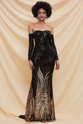 Fancy Sequin Slit Long Sleeve Off Shoulder Maxi Evening Dress - Black