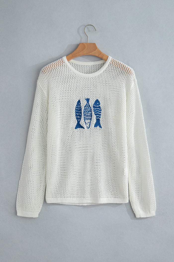 Fish Embroidered Crew Neck Crochet Knit Sweater