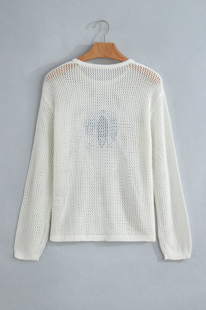 Fish Embroidered Crew Neck Crochet Knit Sweater