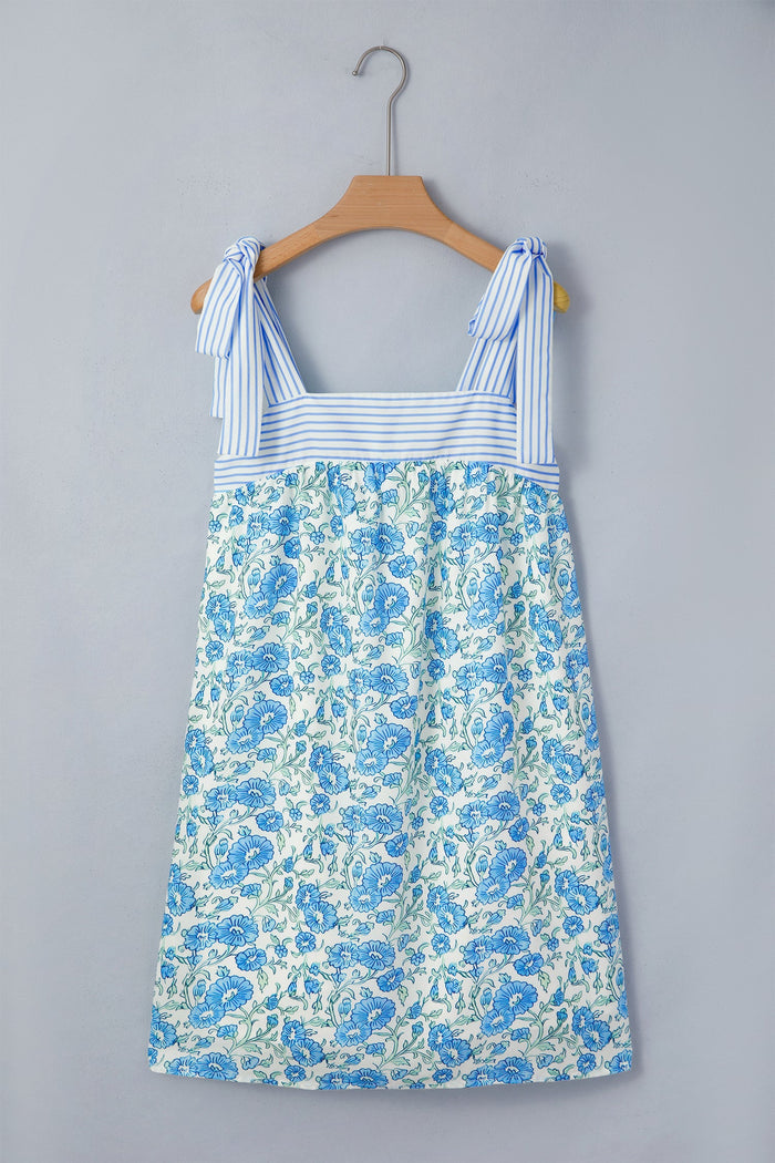 Floral Stripe Patchwork Bow Tie Strap Dress