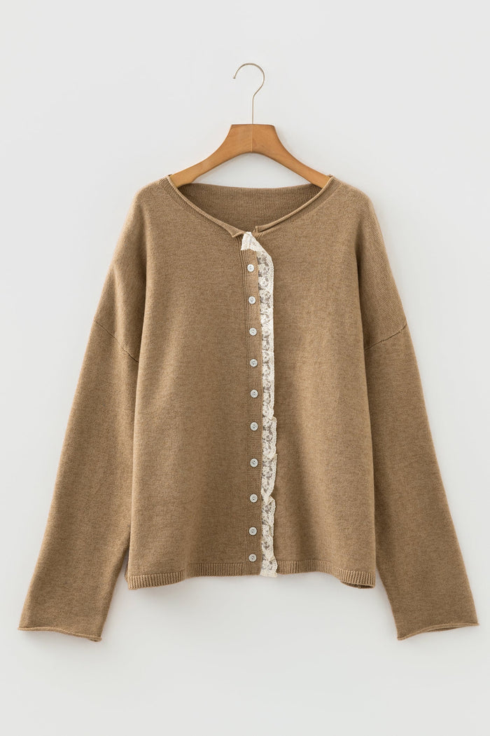 Frilled Lace Contrast Trim Buttoned Cardigan Sweater