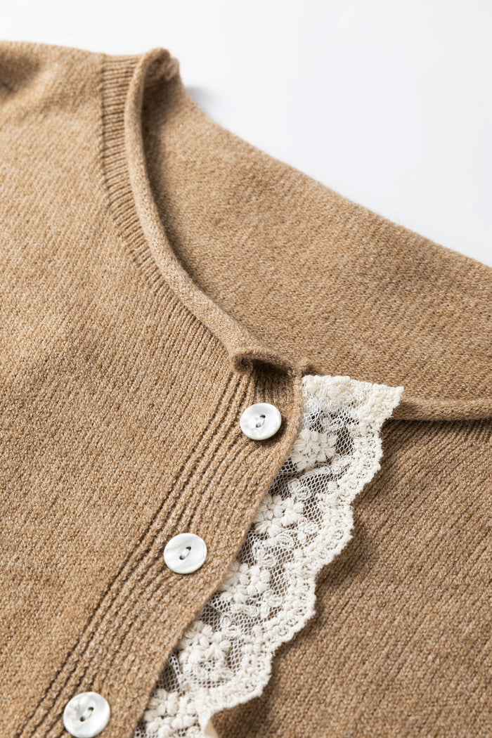 Frilled Lace Contrast Trim Buttoned Cardigan Sweater