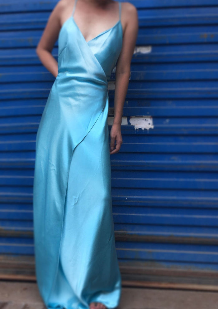 Gaby Blue Wrap Up Backless Satin Slip Dress Gown