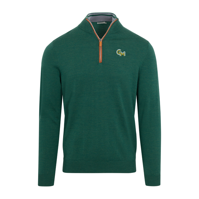George Mason Hunter Green with Brown Suede Trim Cashmere Touch Australian Merino Quarter Zip Sweater