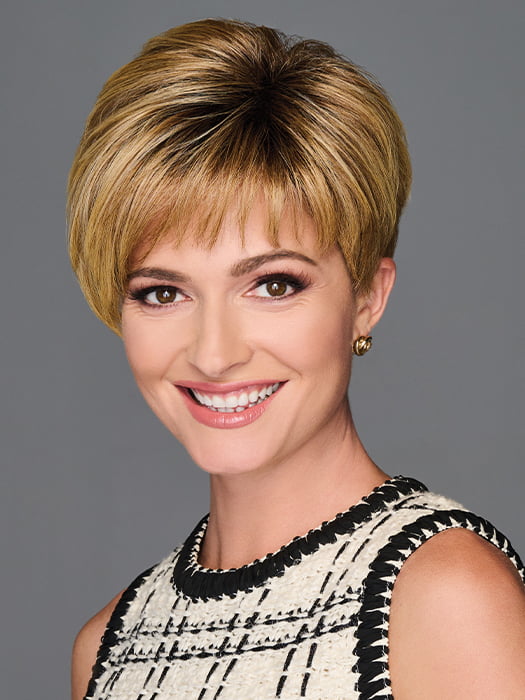 Model is wearing GRACEFUL TOUCH by GABOR in color SS-MEDIUM-BLONDE | Medium Blonde with Warm Highlights & Dark Brown Roots