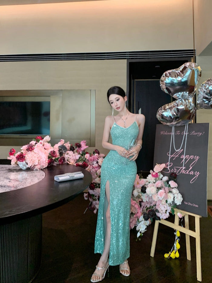 Green Sequin High-Slit Evening Dress ¨C Elegant Party & Formal Gown