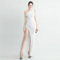 Hand Nailed Ostrich Feather Off Shoulder Sequined Evening Dress with Roman Collar