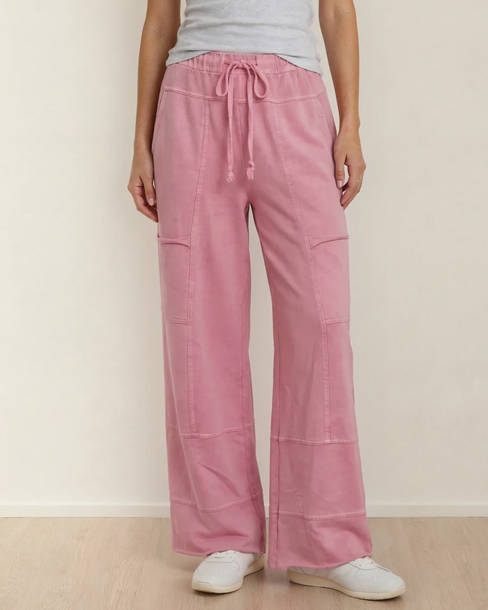 Hannah Mineral Wash Exposed Seam Wide Leg Cargo Pants - Bonbon