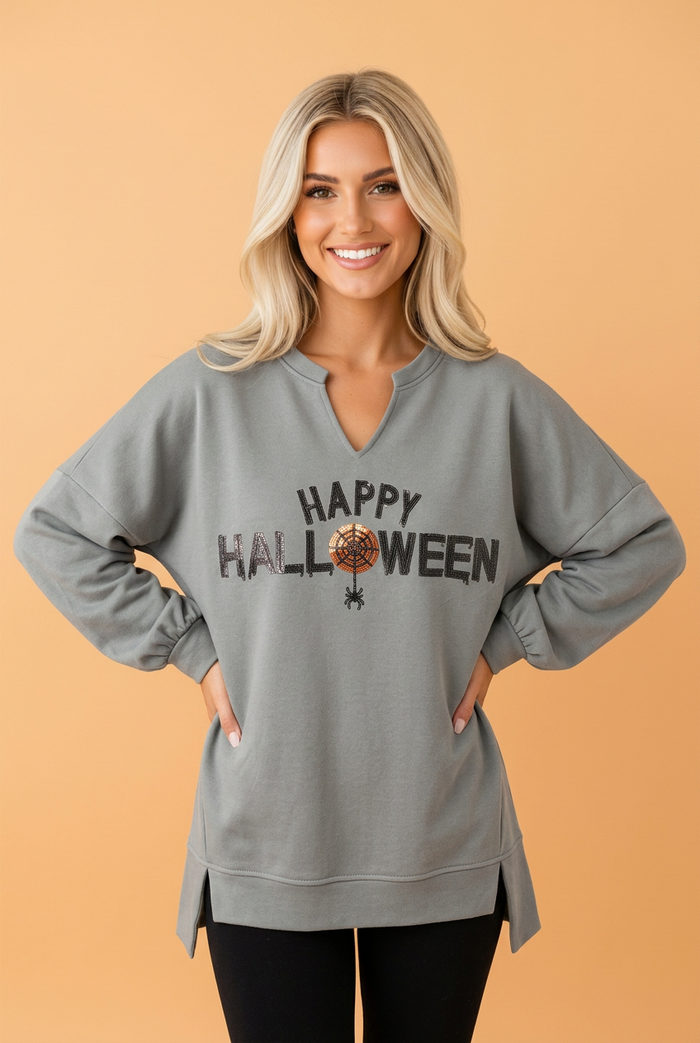 Happy Halloween Sequin Graphic Long Sleeve Top