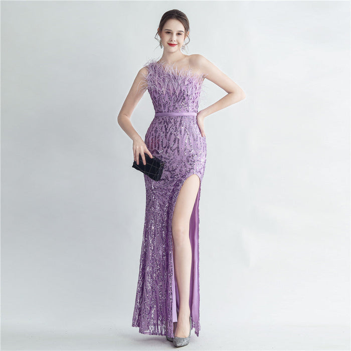 Heavy Industry Ostrich Hair Craft Bundle Hair Evening Dress with Oblique Shoulder Slit
