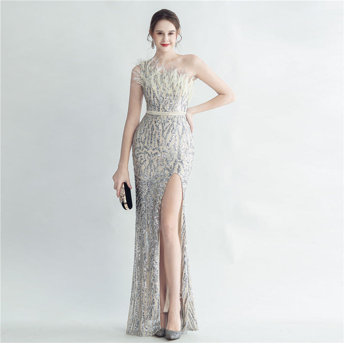 Heavy Industry Ostrich Hair Craft Bundle Hair Evening Dress with Oblique Shoulder Slit