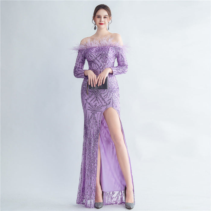 High Density Ostrich Hair Sequin Off Shoulder Fishtail Evening Dress