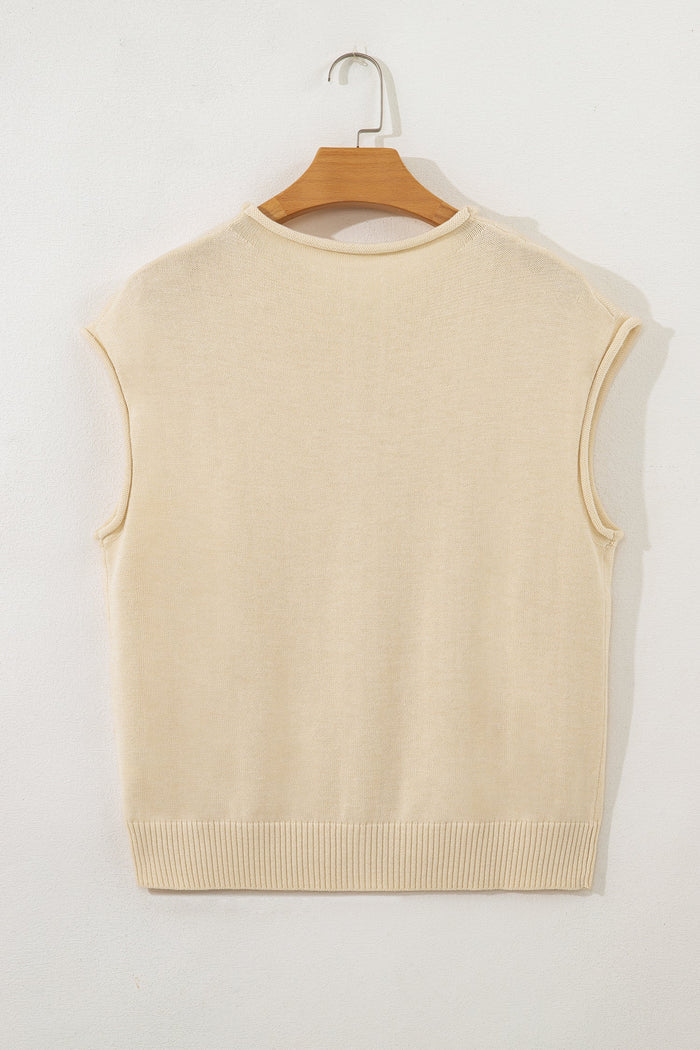 Kiara Buttoned Front Rolled Hem Cap Sleeve Sweater Top
