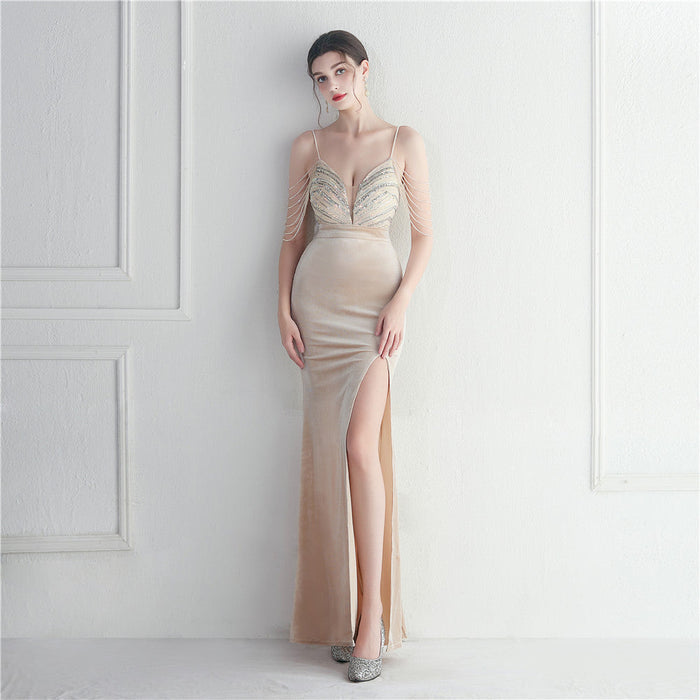 Korean Velvet Sequined Annual Party Long Evening Dress ¨C Social Glamour