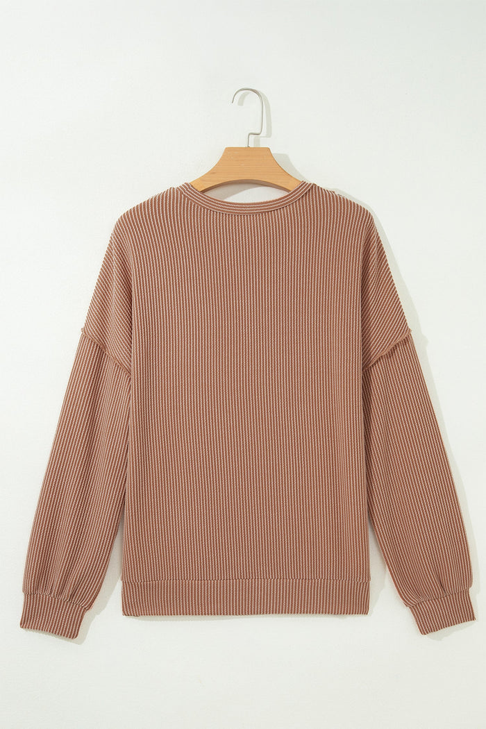 Leopard Colorblock Reverse Seam Corded Knit Long Sleeve Top