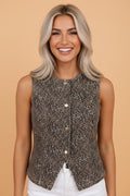 Leopard Denim Button Front Vest