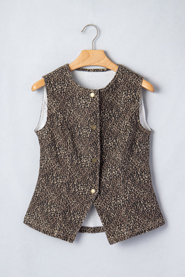 Leopard Denim Button Front Vest