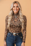 Leopard Mesh Mock Neck Long Sleeve Top