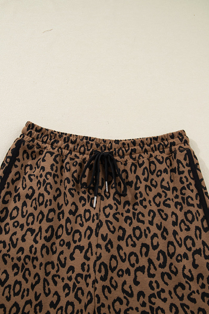Leopard Varsity Stripe Trim Top & Drawstring Pants Set
