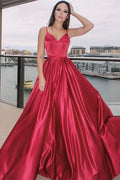 Long A-line Spaghetti Straps Satin Backless Prom Dresses with Pockets