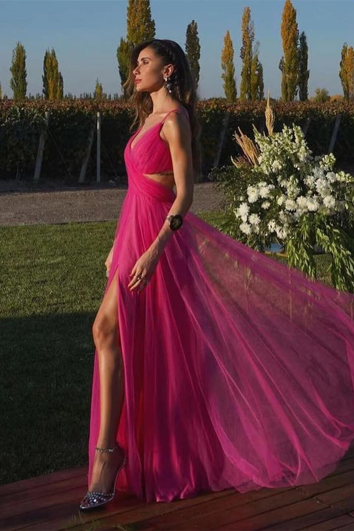 Long A-line V-neck Tulle Backless Prom Dress with Split