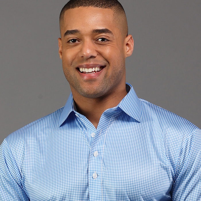 Long Sleeve Semi-Spread Collar Polo Light Blue Micro Gingham