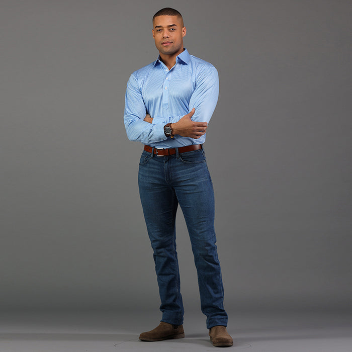 Long Sleeve Semi-Spread Collar Polo Light Blue Micro Gingham