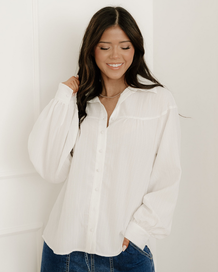 Mabel Crinkled Texture Lantern Sleeve Button Down Loose Shirt