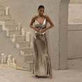 Metallic Coated Fabric Spring Summer Women Clothing off Neck Sexy Backless Slim Fit Evening Dress