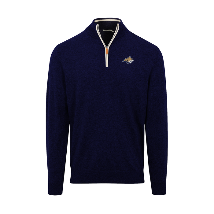 Montana State Navy with White Trim Luxury Touch Cotton and Cashmere Quarter Zip Sweater