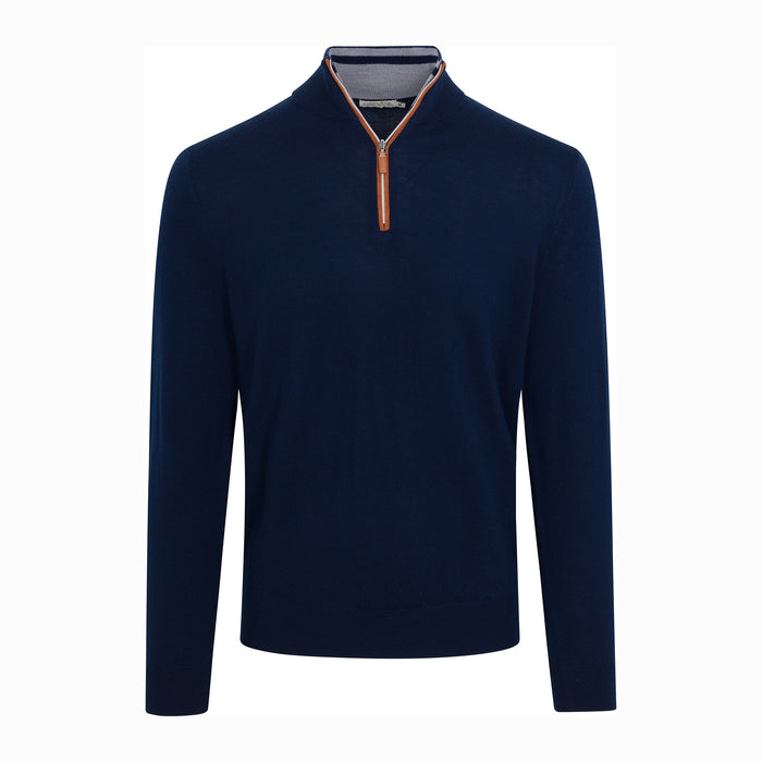 Navy with Brown Suede Trim Cashmere Touch Australian Merino Quarter Zip Sweater