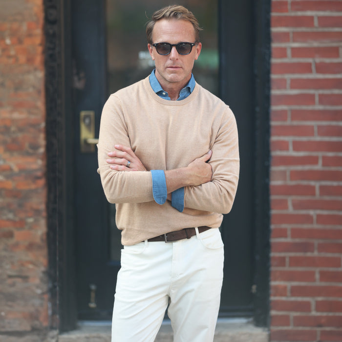 Oatmeal Luxury Touch Cotton and Cashmere Crew Neck Sweater