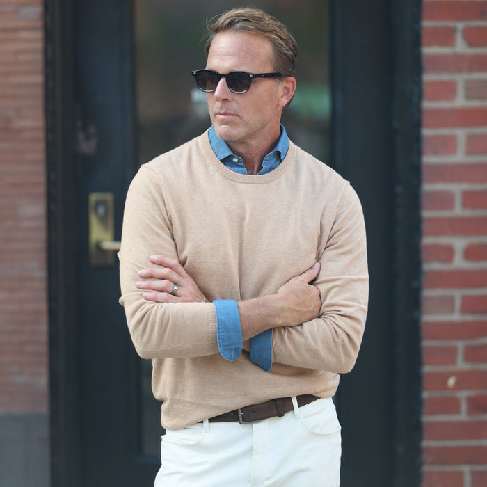 Oatmeal Luxury Touch Cotton and Cashmere Crew Neck Sweater