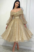 Obsessing Gold A-line Off-the-shoulder Sequined Prom Dress with Long Sleeves