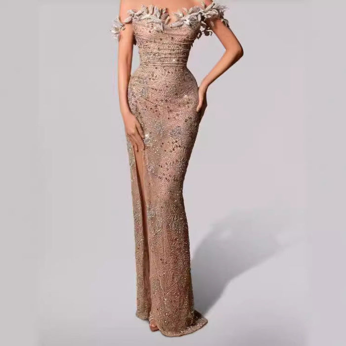 Off Shoulder Slit Strapless Floor Length Prom Dress