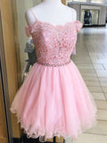 Pink Short A-line Off the Shoulder Tulle Lace Prom Homecoming Dresses