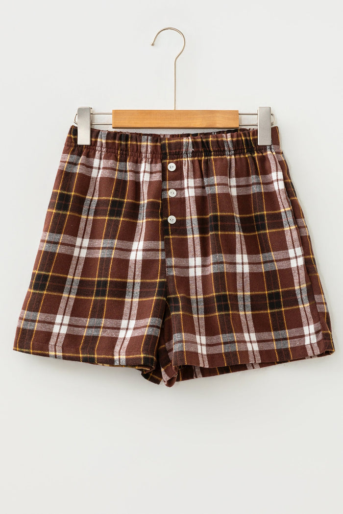 Plaid Button Front Elastic Waist Shorts