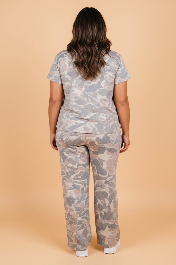 Plus Size Camo Top & Wide Leg Pants Set