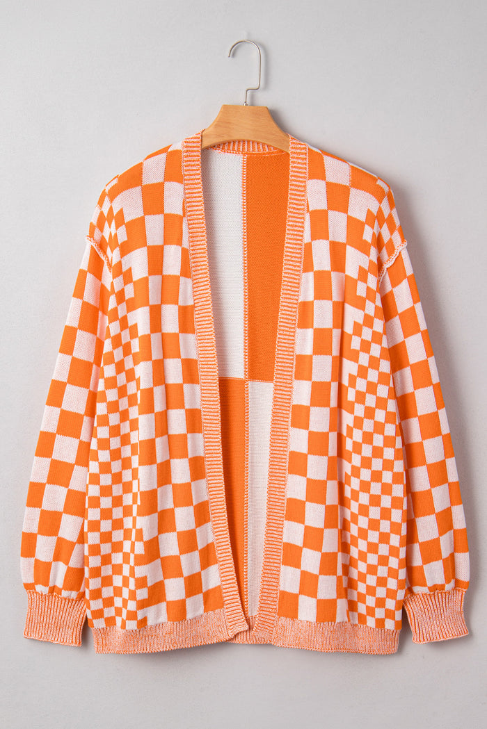 Plus Size Checker Drop Shoulder Open Front Cardigan