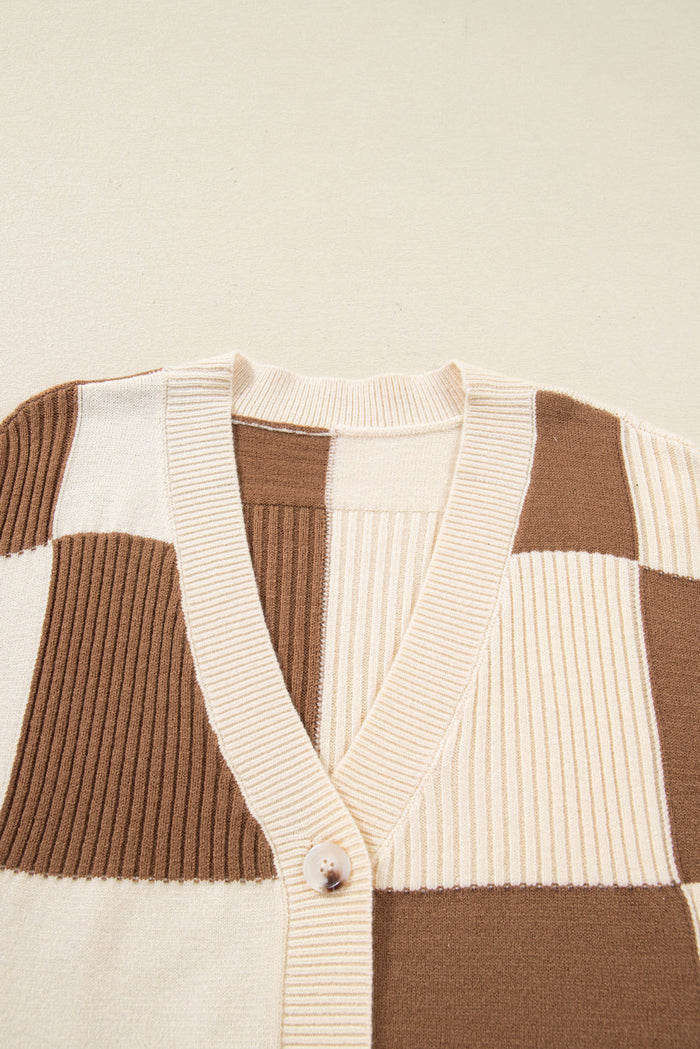 Plus Size Checker Ribbed Knit Buttoned V-Neck Cardigan