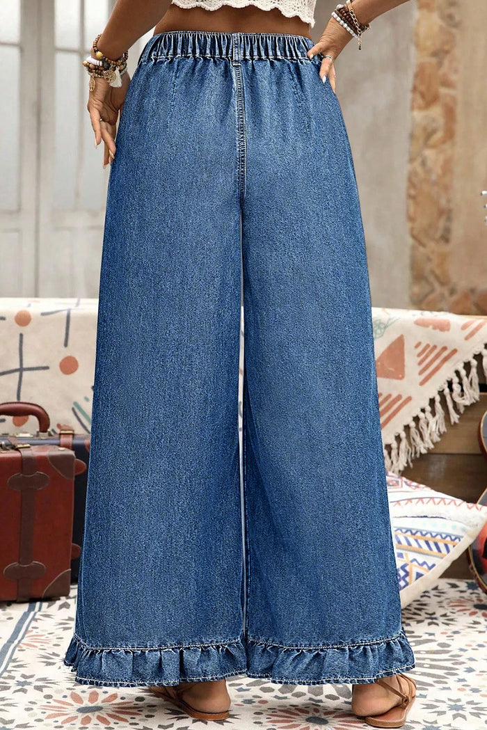 Plus Size Denim Elastic Waist Ruffle Wide Leg Pants