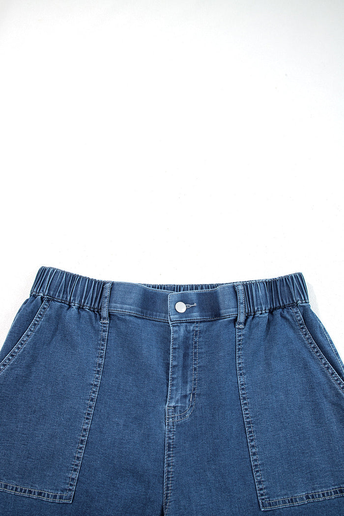 Plus Size Denim Elastic Waist Ruffle Wide Leg Pants