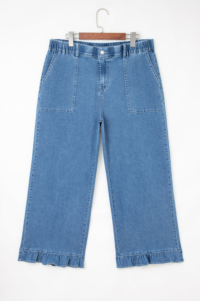 Plus Size Denim Elastic Waist Ruffle Wide Leg Pants