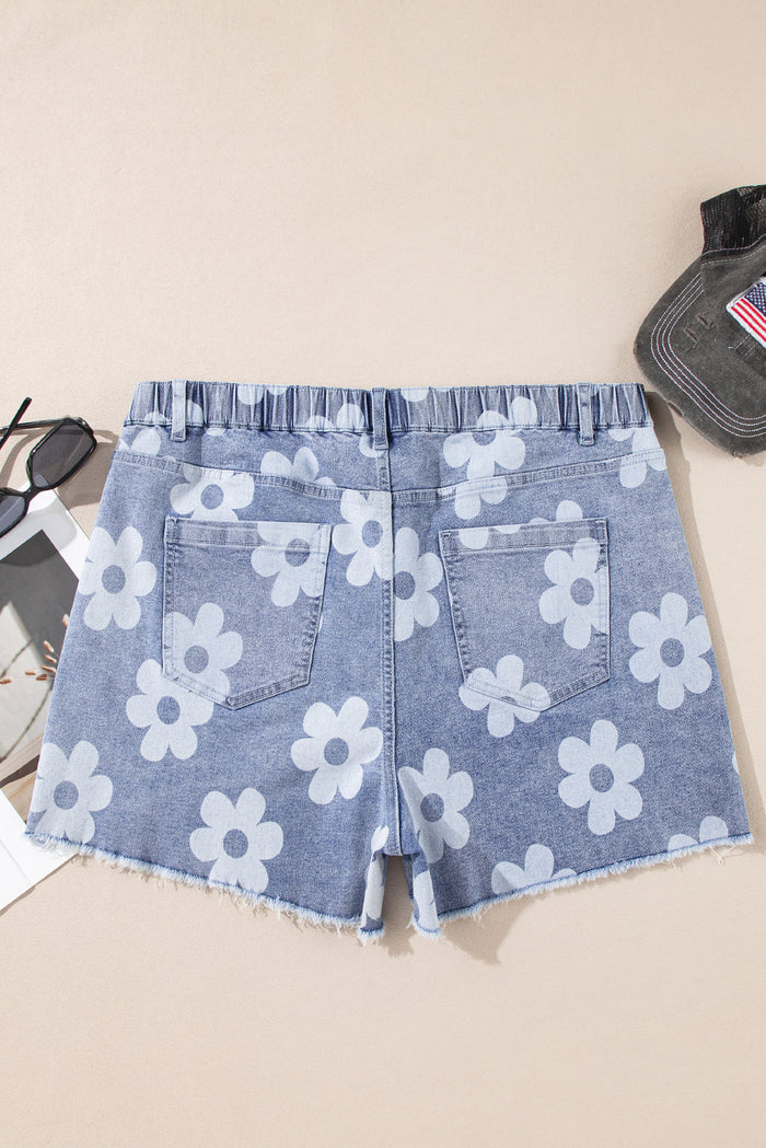 Plus Size Floral High Waist Denim Shorts