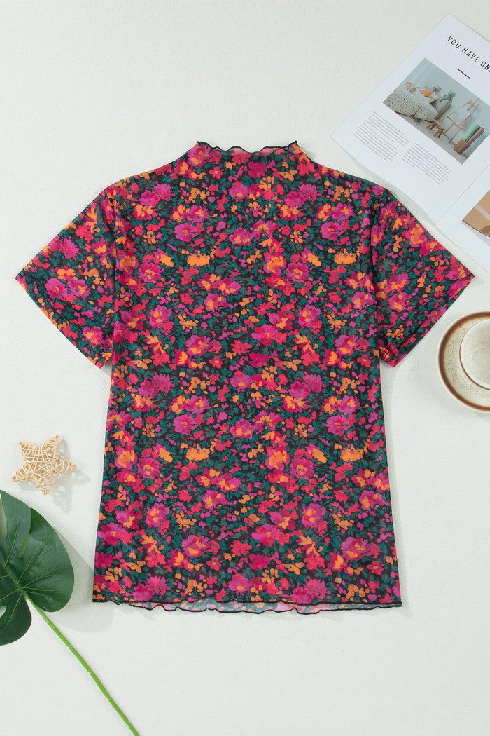 Plus Size Floral Mesh Short Sleeve Top