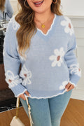 Plus Size Floral Scallop V-Neck Sweater