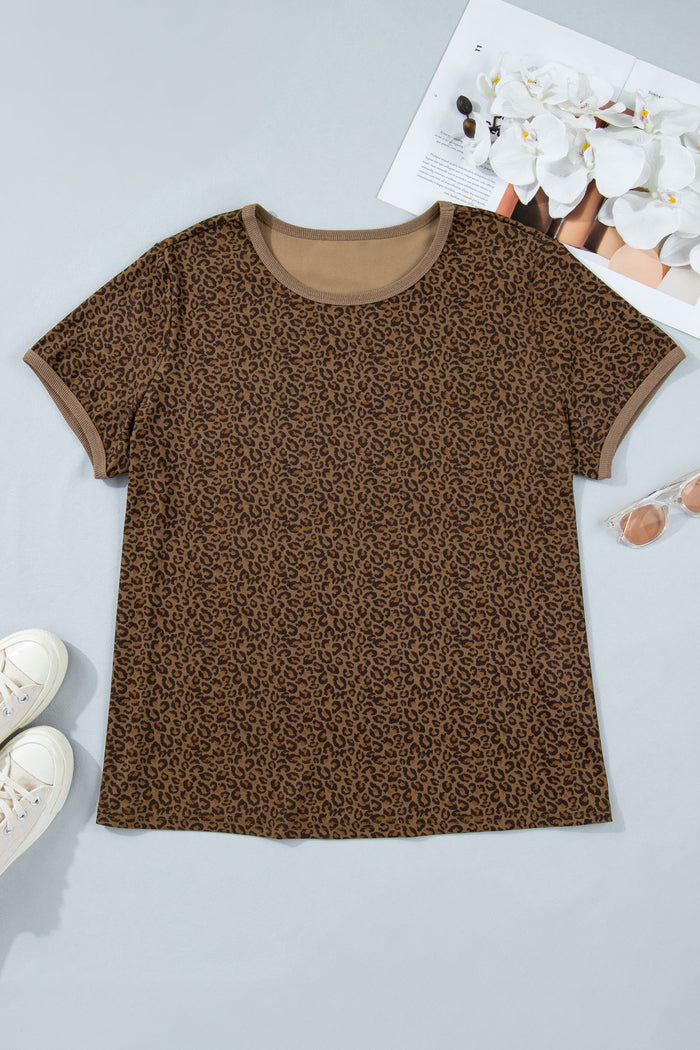 Plus Size Leopard Ribbed Trim Short Sleeve Tee